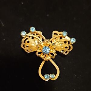 Elegant Gold and Blue Flower /Butterfly Brooch / Necklace Charm